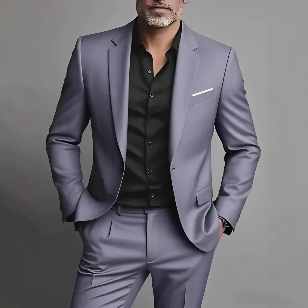 Men's slim fit two-piece suit set in black cotton blend fabric with coat and trousers
