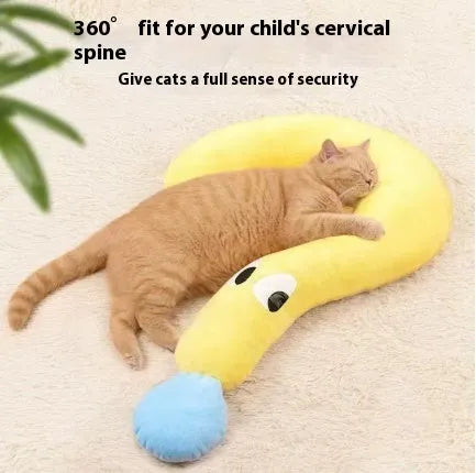 Blue, white and yellow U-shaped cat pillow in Moon and question mark styles for pet beds.