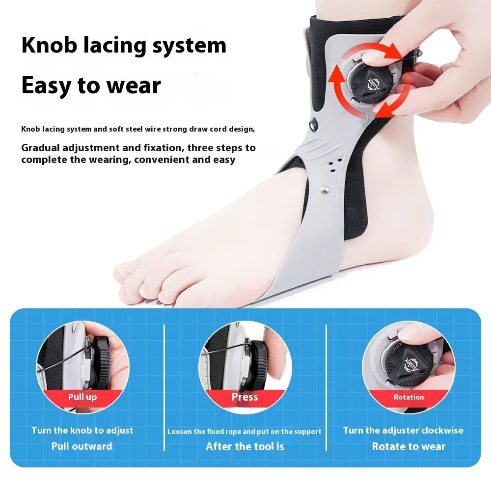 Grey and black airbag button ankle support brace for left or right foot, showing adjustable straps.