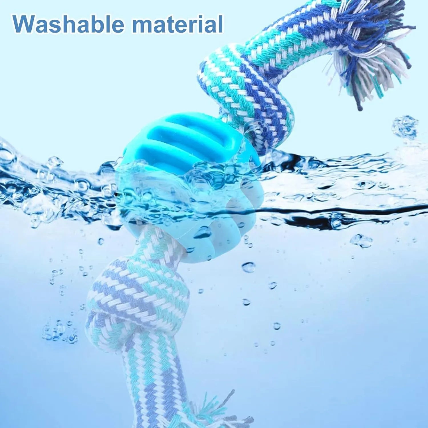 Blue molar-shaped dog chew toy with natural fibre ropes for dental cleaning