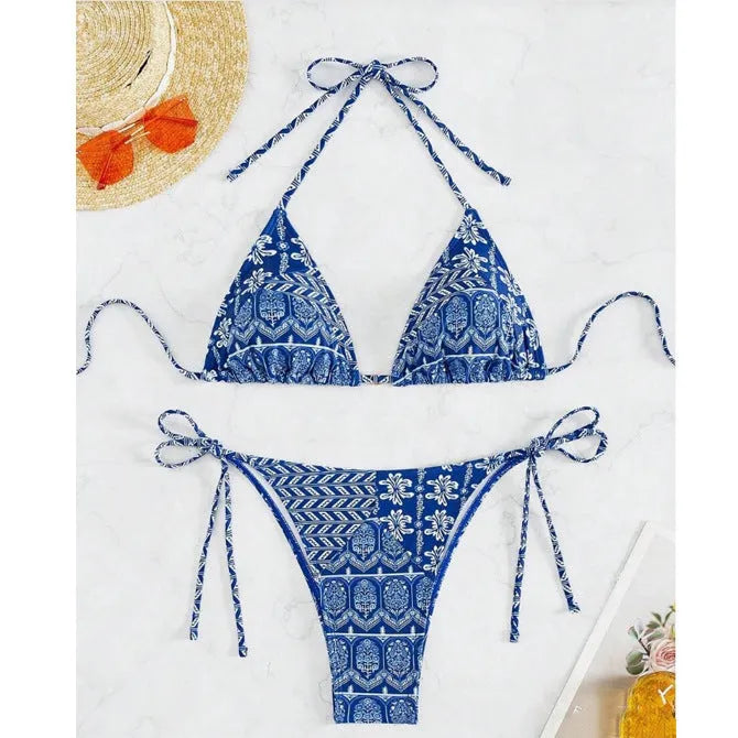 Women's split bikini swimsuit with stitching bandage design in polyester fabric