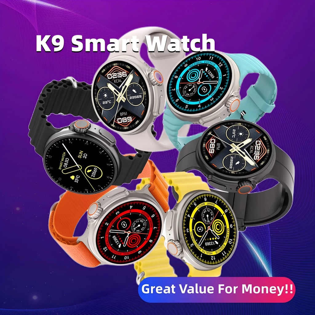 K9 smart watch with round screen and silicone strap showing health stats on display