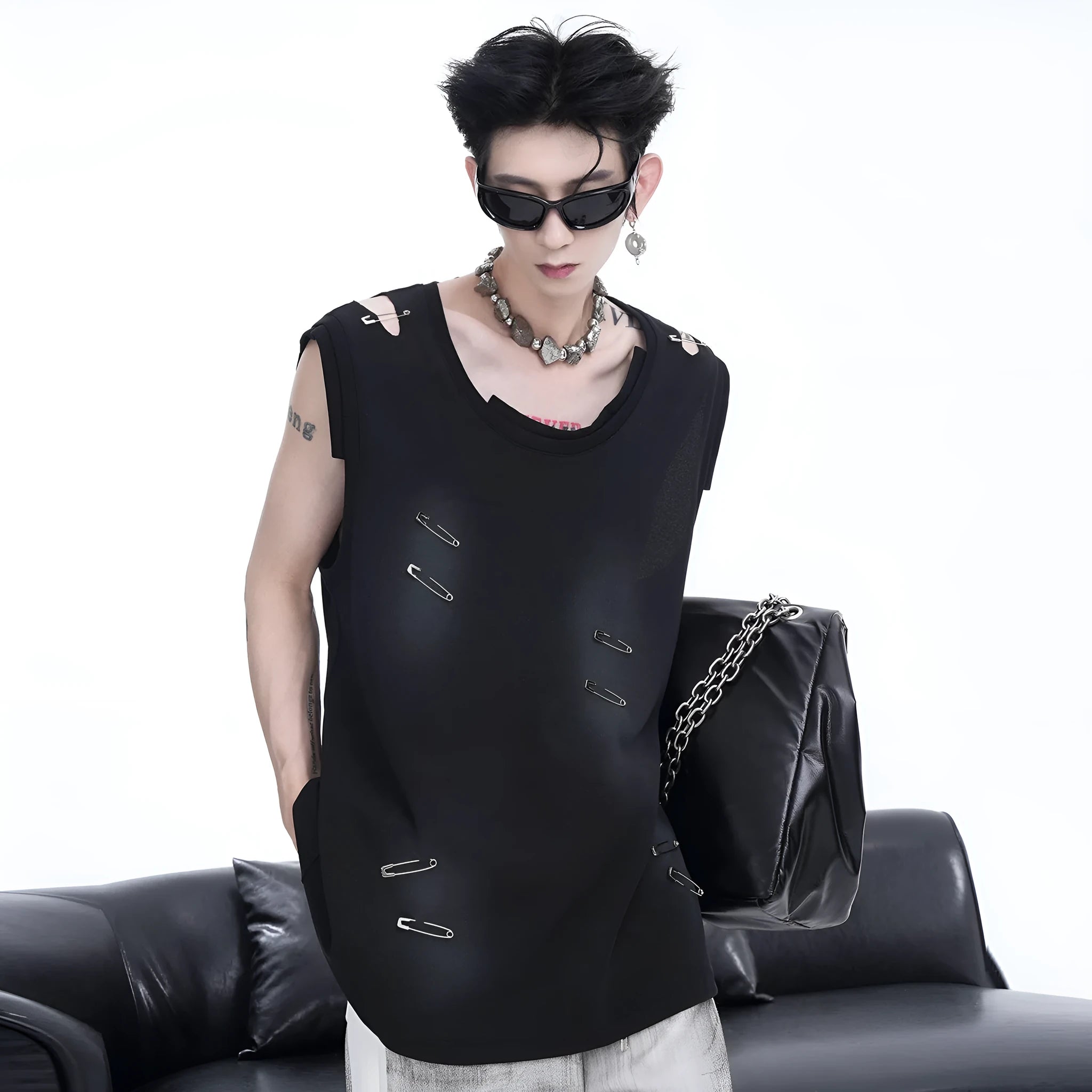 Men's black vest waistcoat with irregular cutting and ripped detailing, sleeveless round neck design