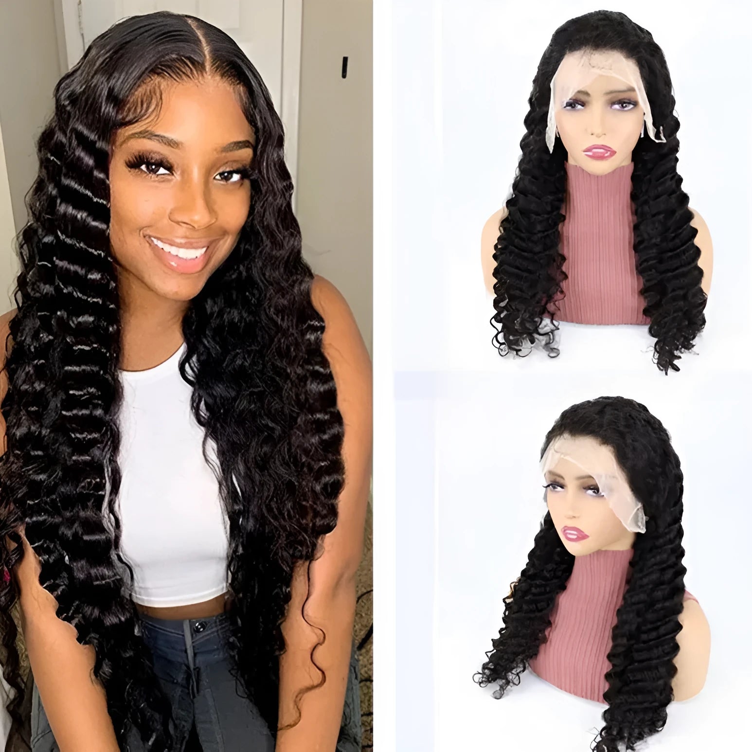 Solid colour human hair wig with half lace cap construction shown at medium length