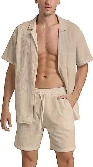 Men's flax linen short-sleeved top and matching shorts set in army green on a hanger.