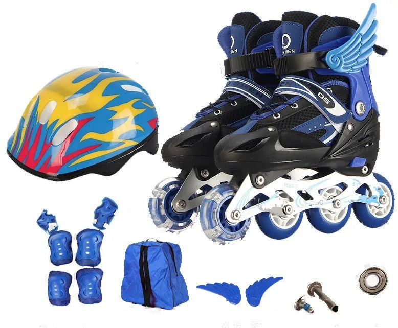 Adjustable children's roller skates in various colours with PU wheels, aluminium frame, and included protective gear set.