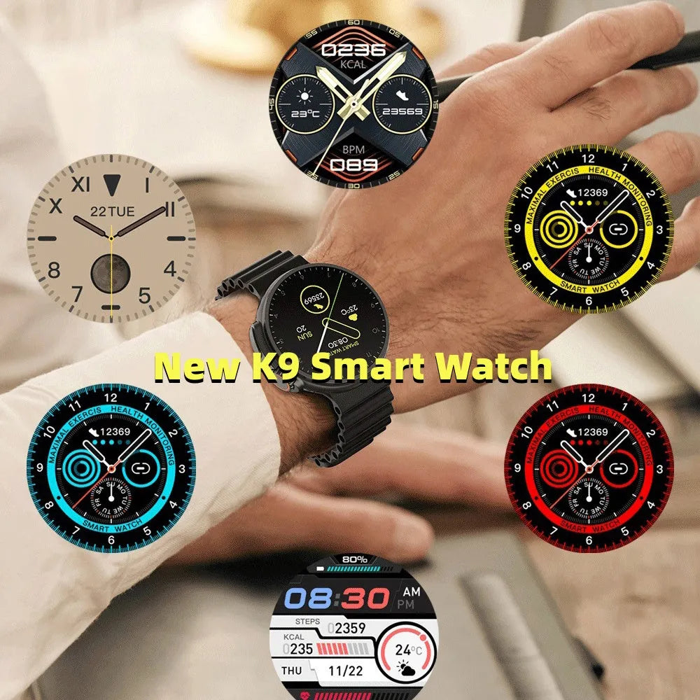K9 smart watch with round screen and silicone strap showing health stats on display