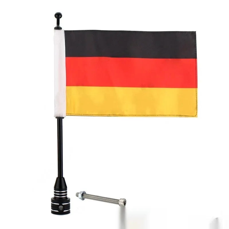 Black and silver metal motorbike flagpole for side box parcel rack mounting