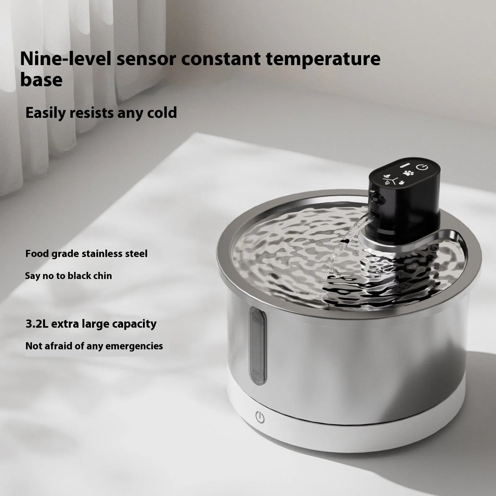 Stainless steel heated pet water fountain for cats and dogs on a nine-gear temperature base.