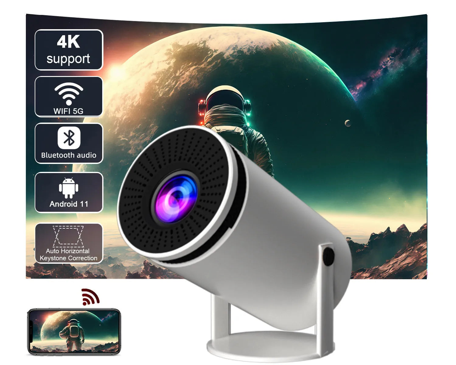 White barrel-shaped Hy300 smart projector with 720p 120ANSI resolution for home cinema