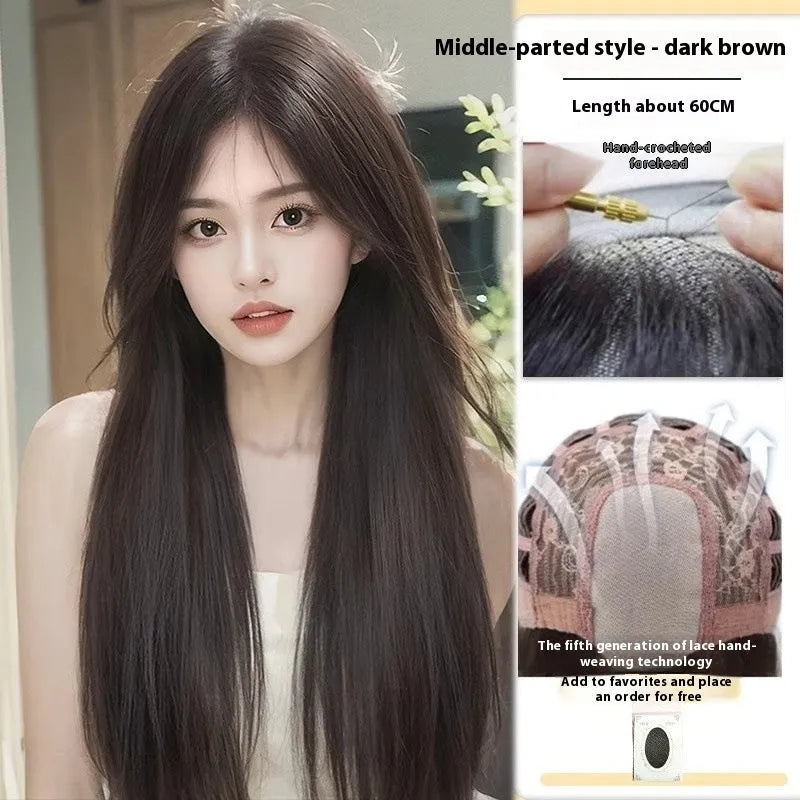 Long straight black wig with forehead lace and side bangs made from high temperature fibre.