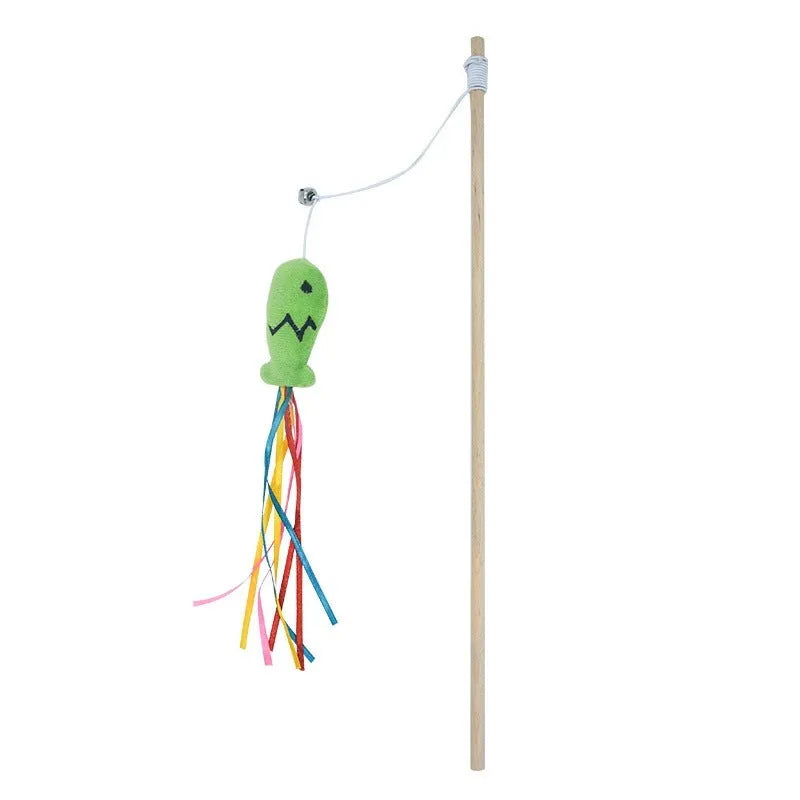 Wooden cat wand toy with colourful ribbons, catnip fish and bell attachment for interactive indoor play