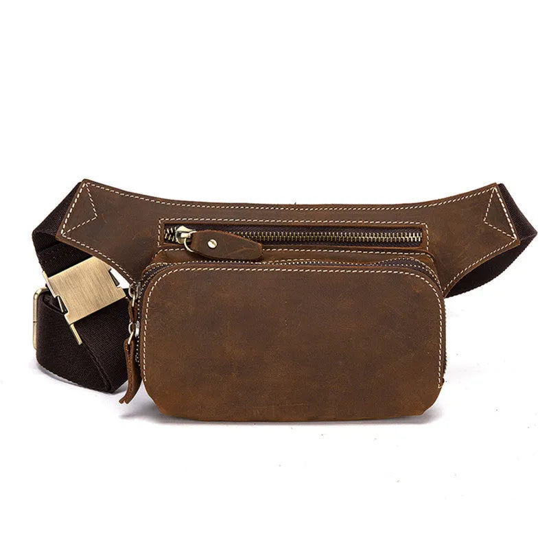Brown cow leather sports waist bag with pull closure showing internal mobile phone pocket