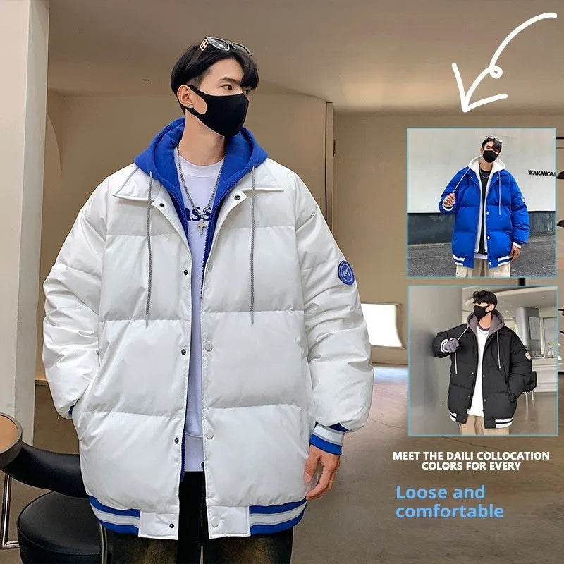 White duck down thickened couple coat in black, white and blue colours