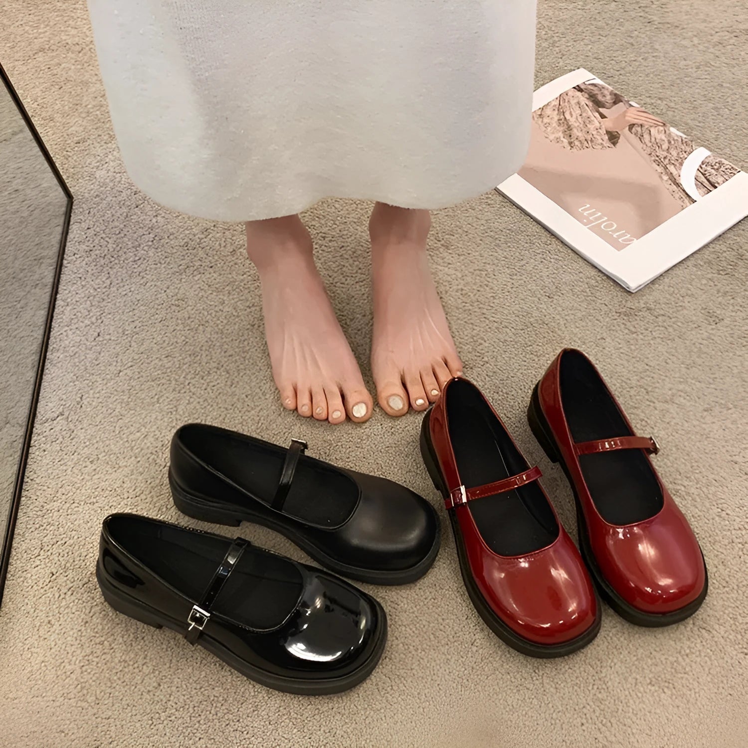 Women's solid colour French vintage flat shoes with a round toe, shown in red, black, and grey.