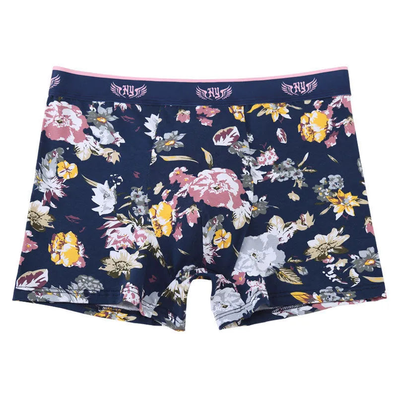 Men's breathable cotton boxer briefs with floral pattern and U-shaped design, shown in size 3XL to 10XL.