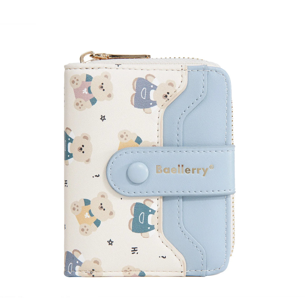 Cartoon printed women's wallet in beige with visible sewing thread details and short horizontal shape