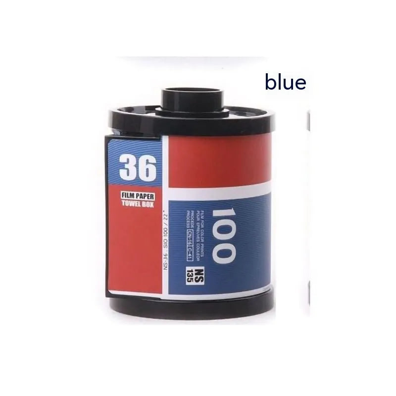 Retro film tissue box in blue plastic with roll paper inside, modern simplicity style