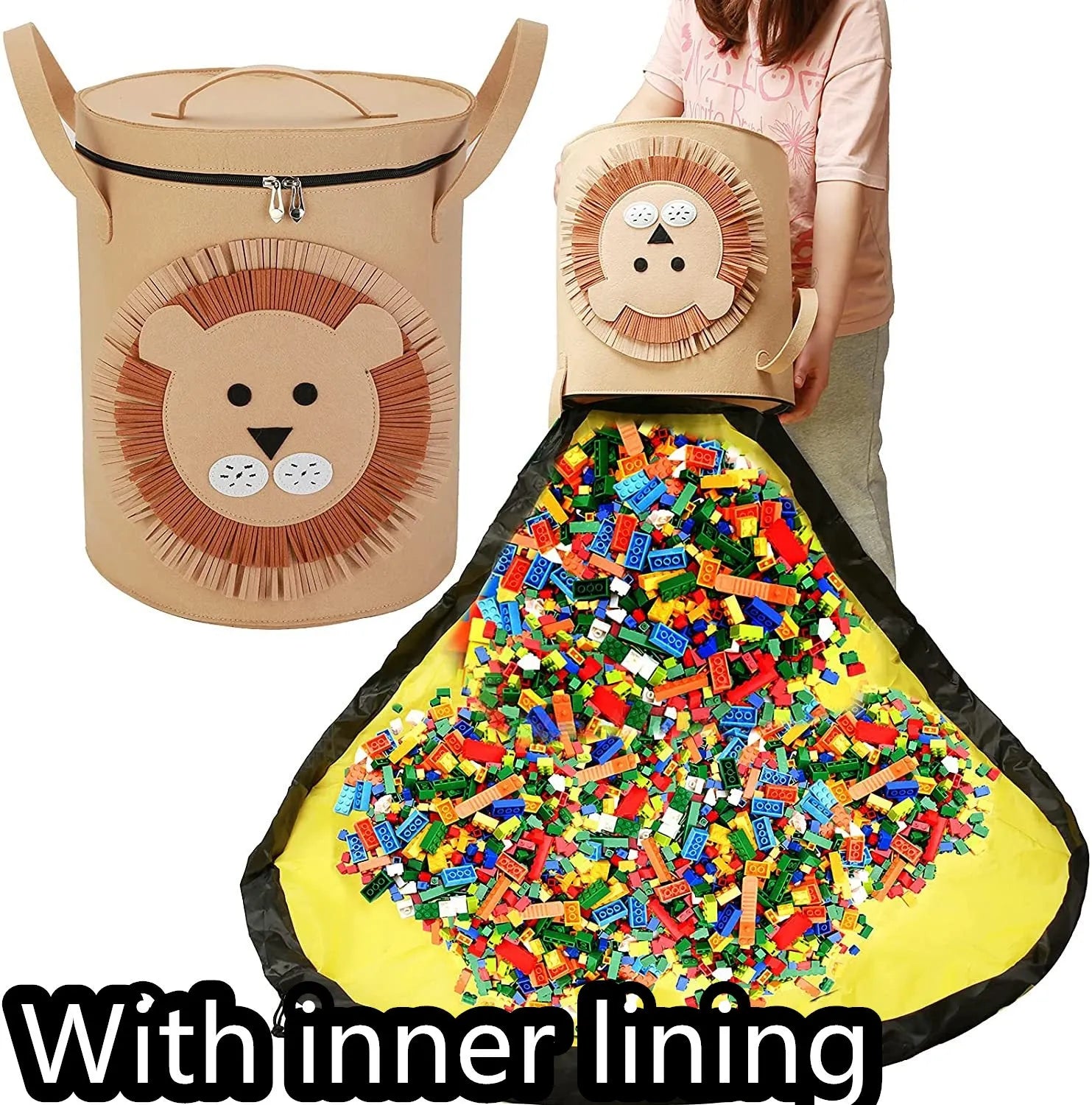 Green felt cube storage bag open as play mat with pull rope closure for children's toys