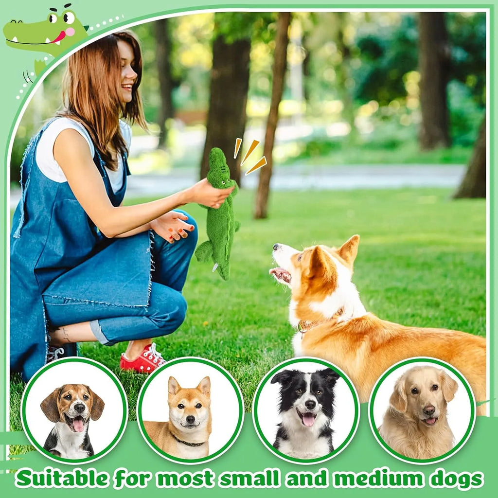 Green crocodile-shaped plush dog toy with no-stuffing construction for safe chewing