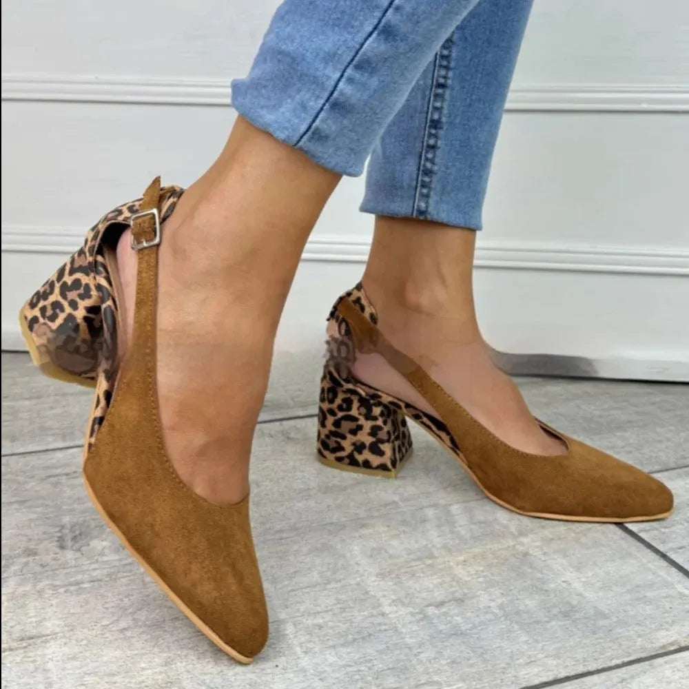 Brown pointed leopard print toe-loop sandals for women with PU upper