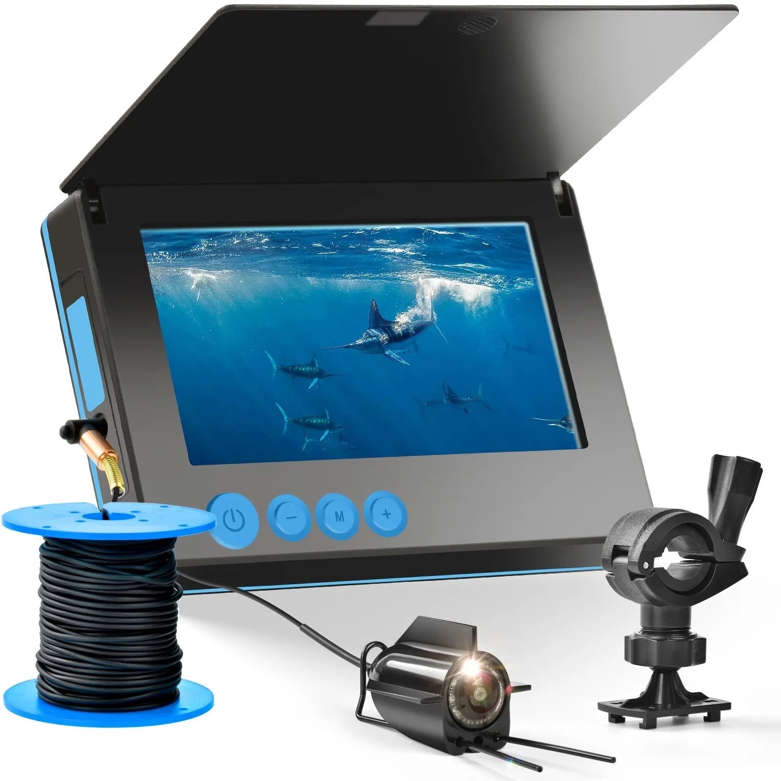 Underwater fishing finder camera with 4.3-inch screen, LED lights, and long cable for boat or ice fishing.