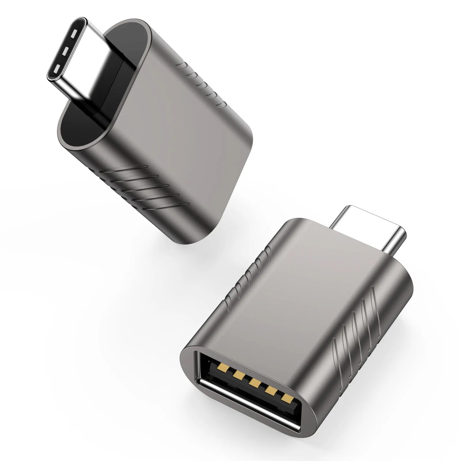 USB data and charging converter adapter in zinc alloy shell, shown in one of seven colour options.