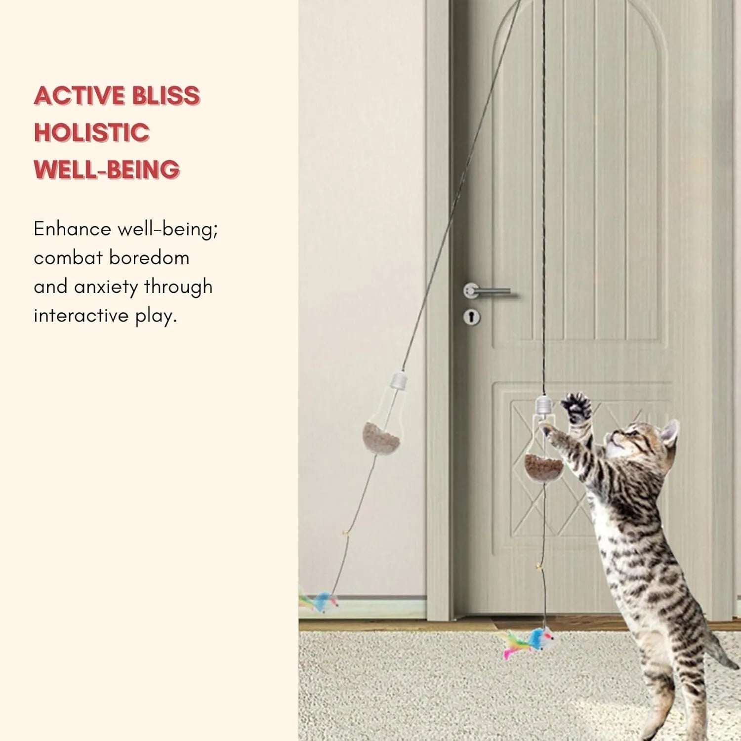 Interactive hanging cat toy with retractable elastic rope and dangling mouse attachment on door frame