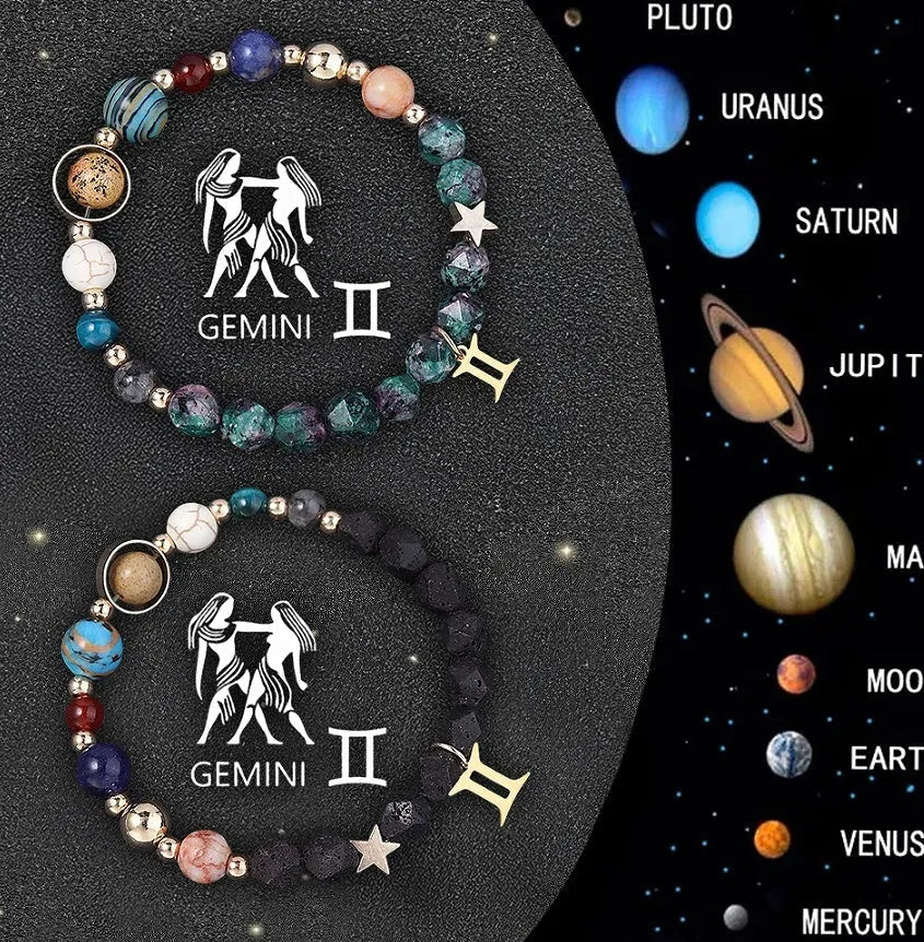 Set of twelve natural stone beaded bracelets with zodiac sign charm pendants on a white background.