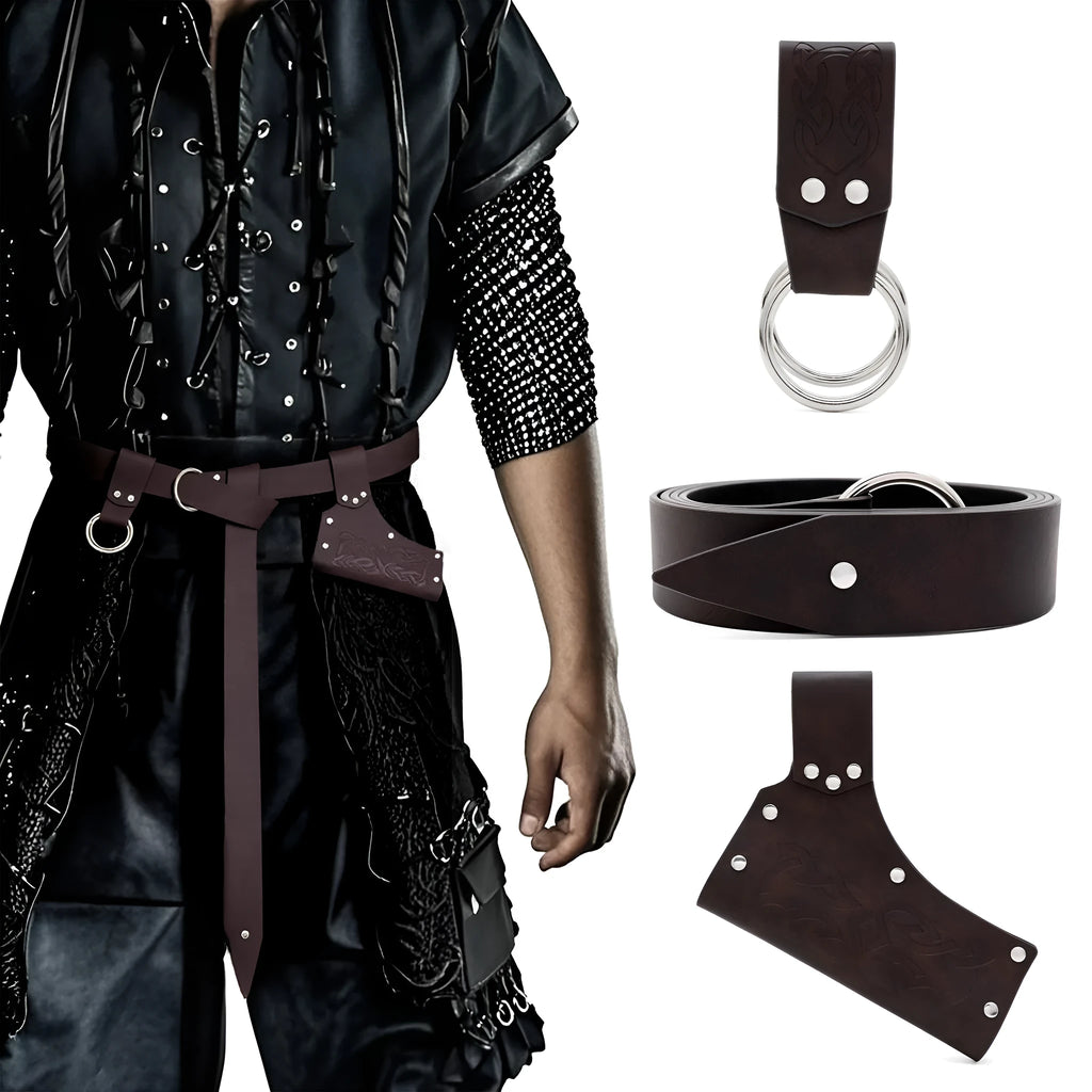 Medieval knight PU belt three-piece set for men cosplay props in black