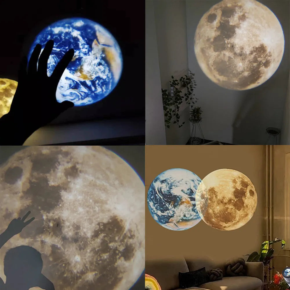 Star projector lamp showing earth projection on wall with adjustable rotating bracket and USB cable