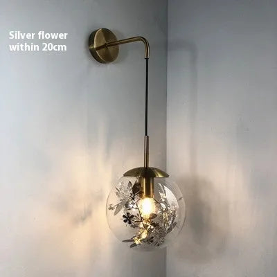 Glass bedside wall lamp in Golden Flower or Silver Flower finish with 15cm or 20cm size options