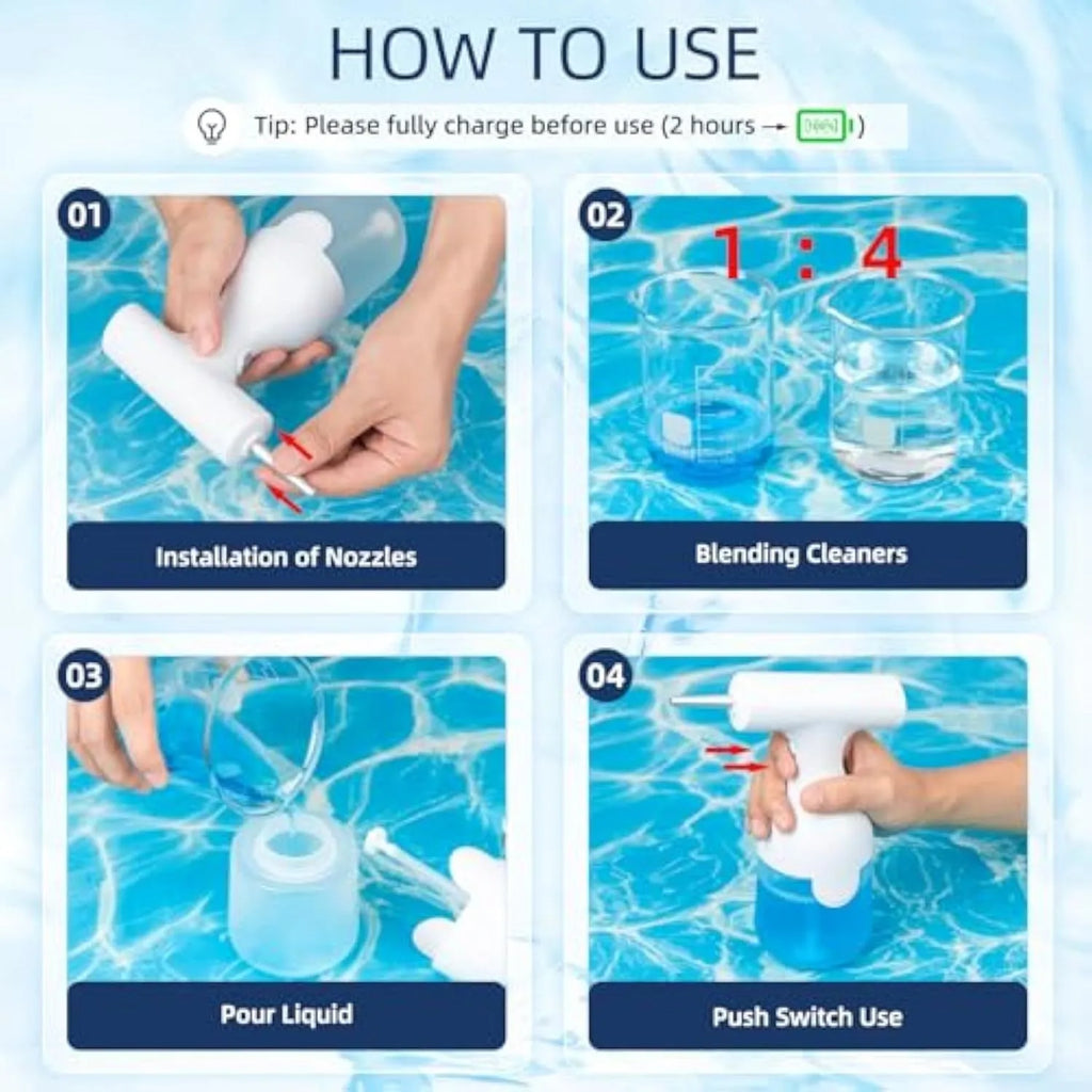 White electric foam soap dispenser with two nozzles and USB cable for pet bathing and home cleaning.