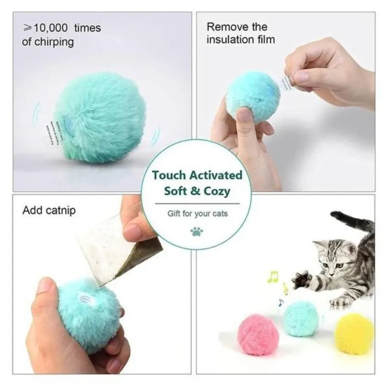 Interactive cat toy ball in blue, pink, and yellow colours with 55mm diameter for animal sound stimulation