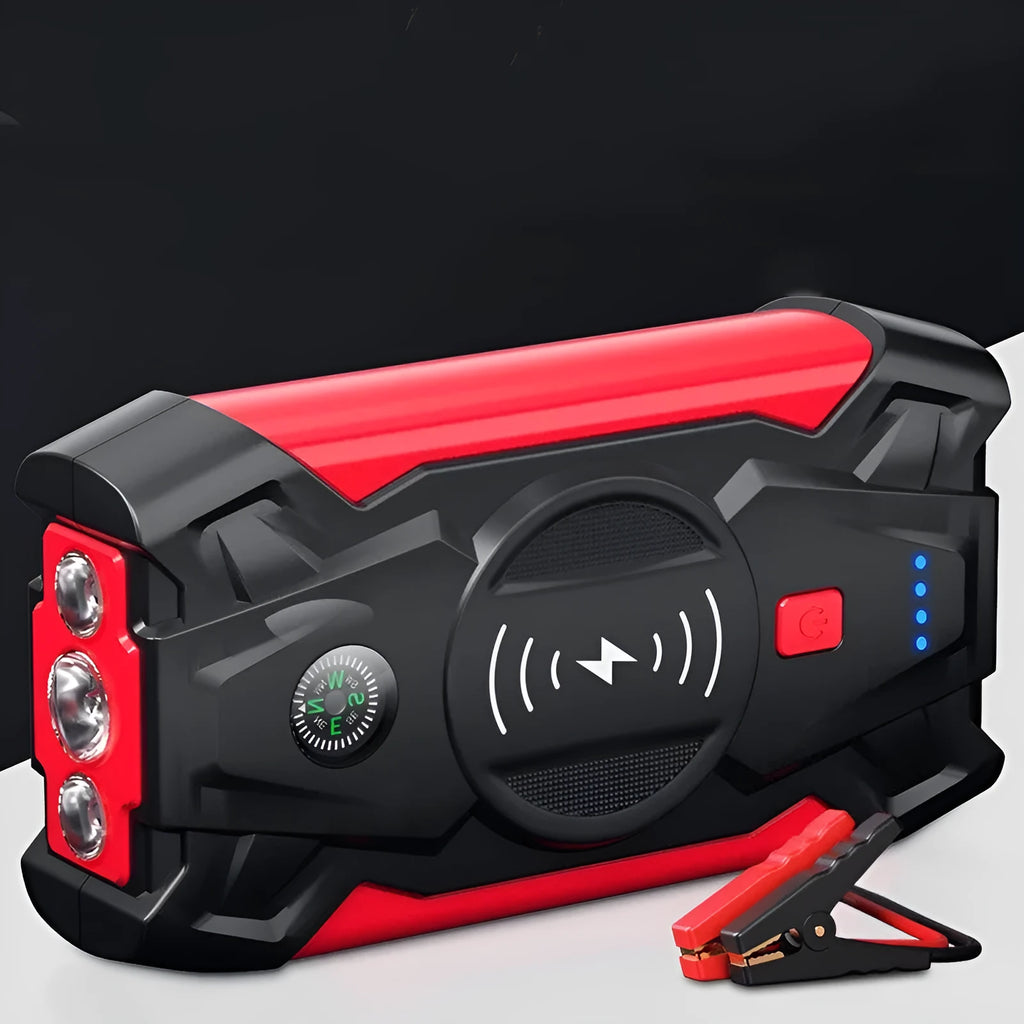 Red car emergency jump starter power pack with crocodile clips and digital display screen