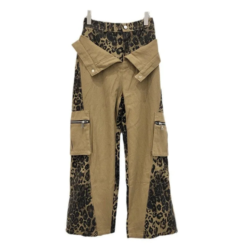 Women's dark khaki leopard print high waist straight leg jeans with retro tooling style details.