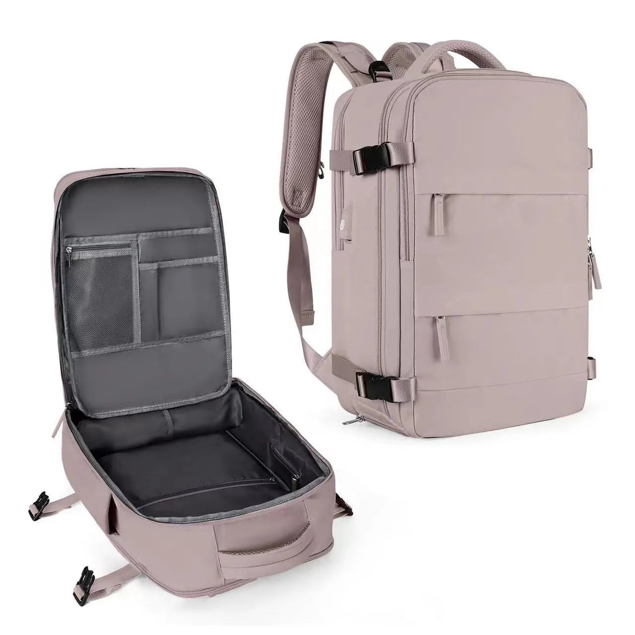 Large black nylon mummy-style travel backpack with a waterproof lining.