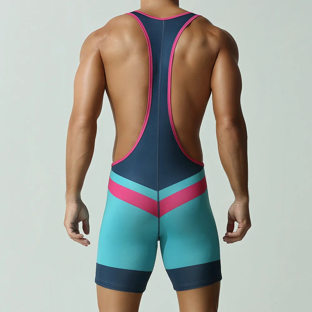 Men's solid colour quick-dry polyester sports vest jumpsuit shown in Dream Blue, Cyan, and Black.