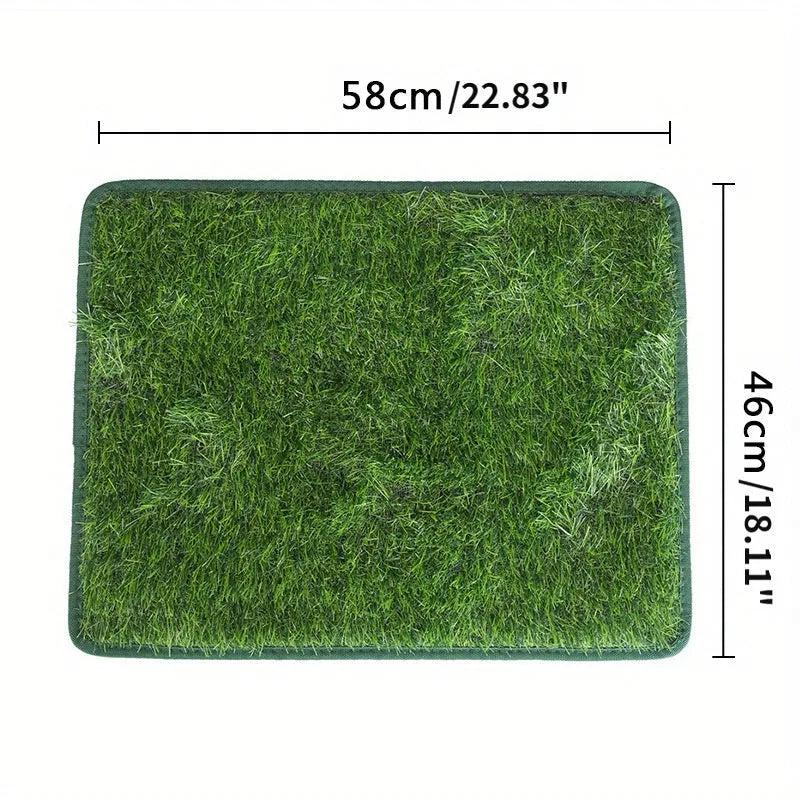 Artificial grass dog toilet training mat on a floor, shown in small, medium, and large sizes.