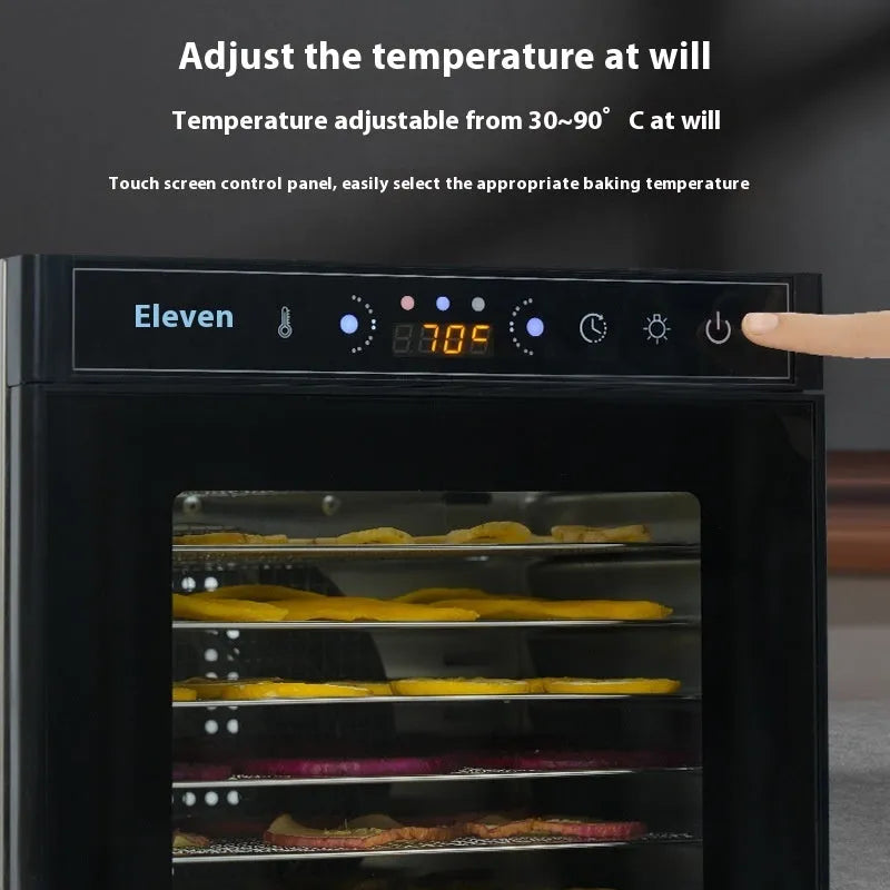 Stainless steel fruit dehydrator with multiple trays and an LED control panel.
