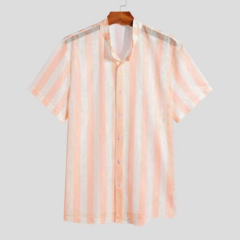 Pink men's loose-fit cardigan shirt with waffle texture and short sleeves