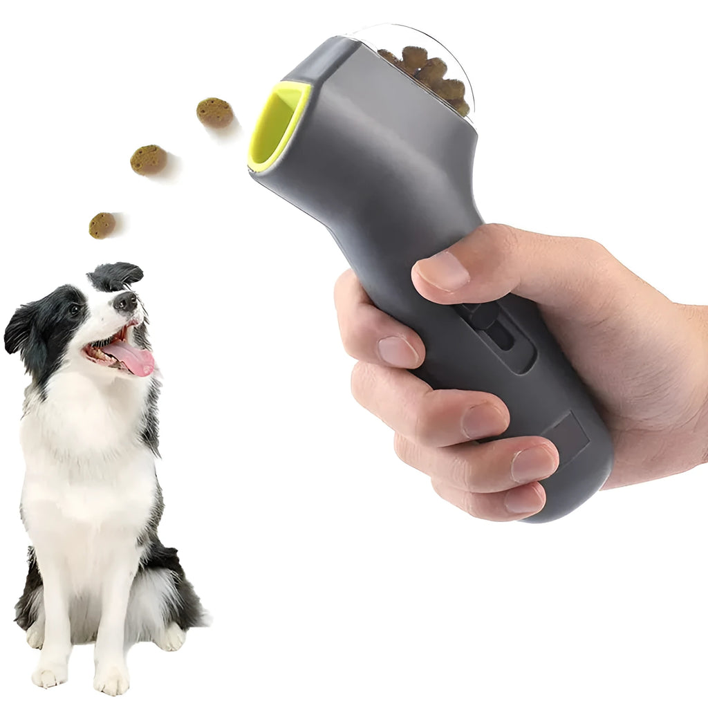 Grey pet snack catapult launcher for dogs and cats with 18cm compact design