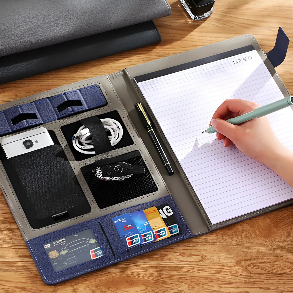 Leather A4 business folder in black colour showing pen holder and notepad configuration