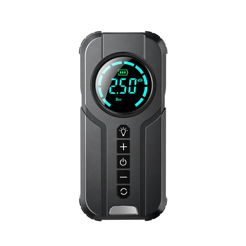 Black portable wireless air pump with digital display, 13cm hose, and accessories including nozzles and power cable on a grey background.