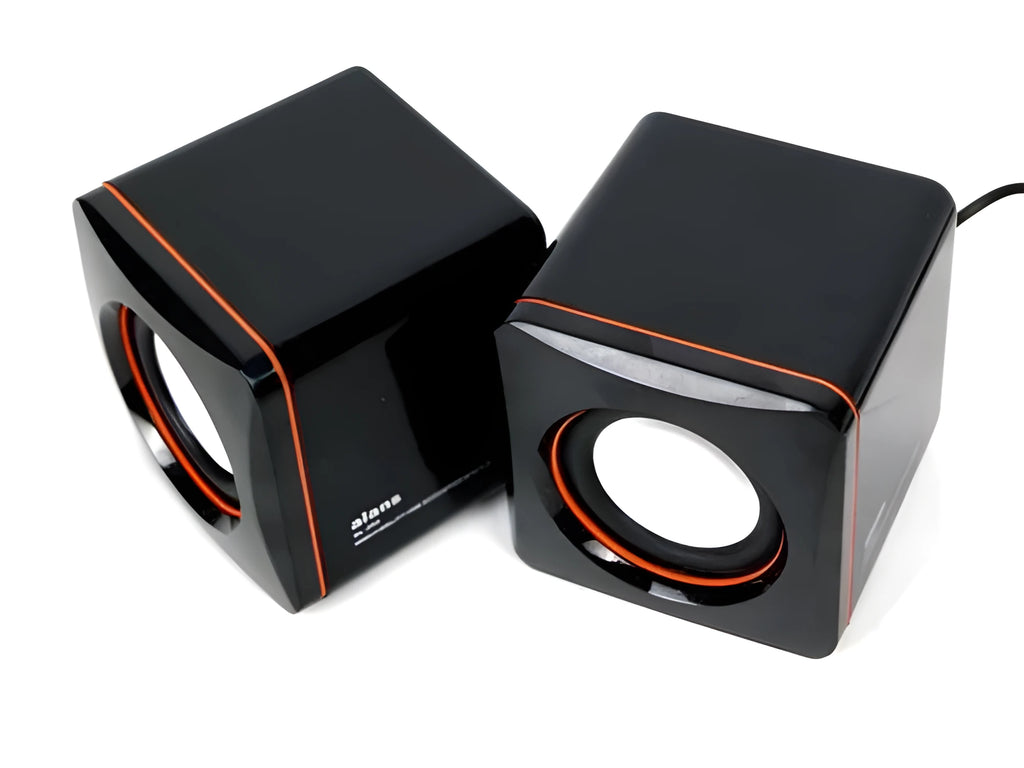 Small black square computer speaker with USB cable for PC connection