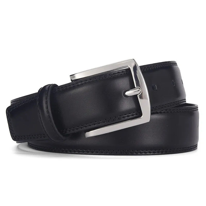 Men's genuine leather pin buckle belt in brown, showing the alloy buckle and belt length.