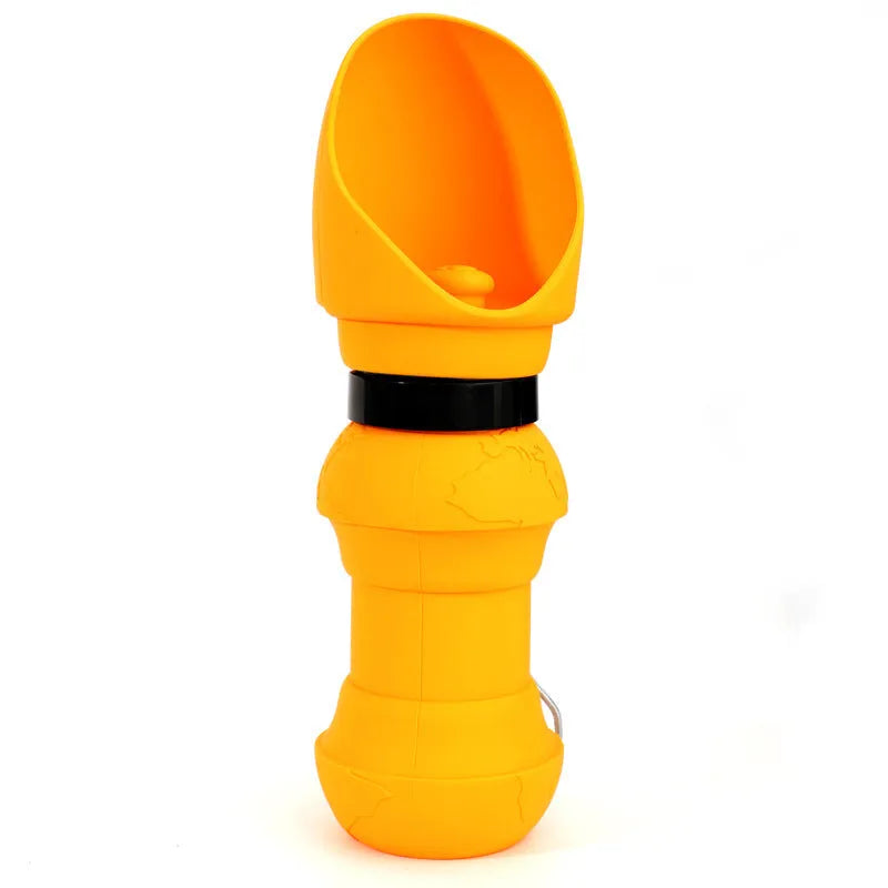 Collapsed and expanded views of a silicone folding water cup for pets in a choice of colours.