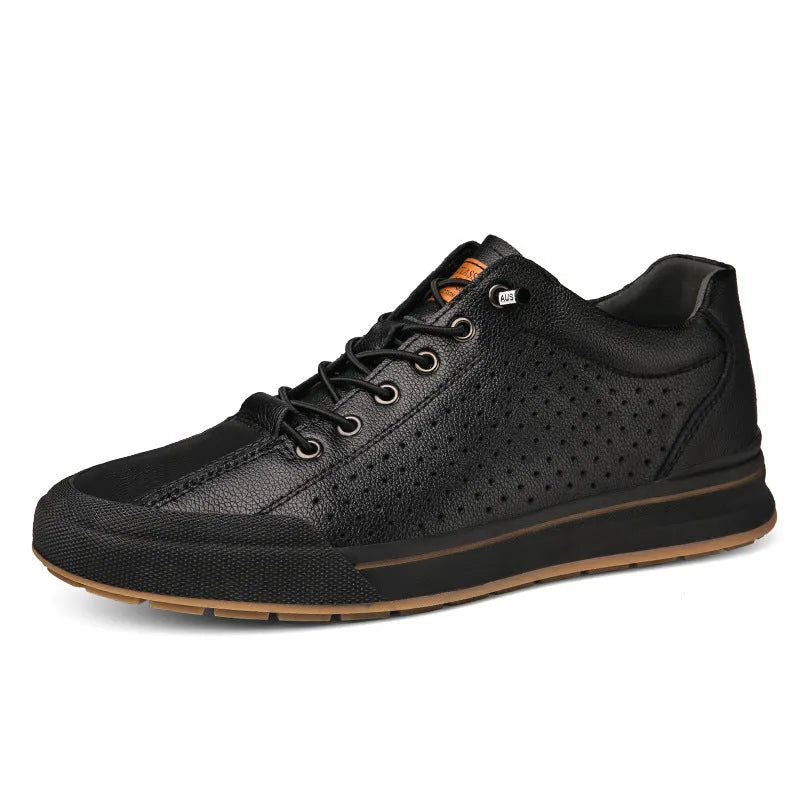 Men's round-toe matte leather casual shoes with a flat 6CM heel, shown in black and white colour options.