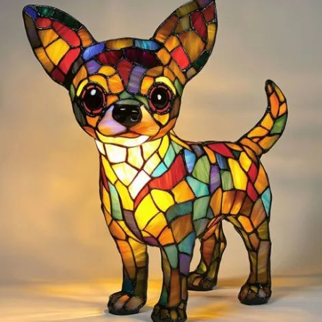 Colourful resin dog lamp decoration in pug shape, button battery powered, on a shelf