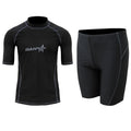 Men's navy blue quick-drying nylon swimsuit set with half-sleeve top and pants for swimming and surfing.